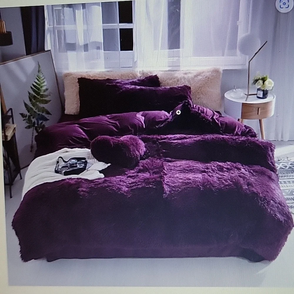 Soukach Shaggy Fluffy Faux Fur Luxury Queen 3pc Duvet Cover set Plum Purple New
